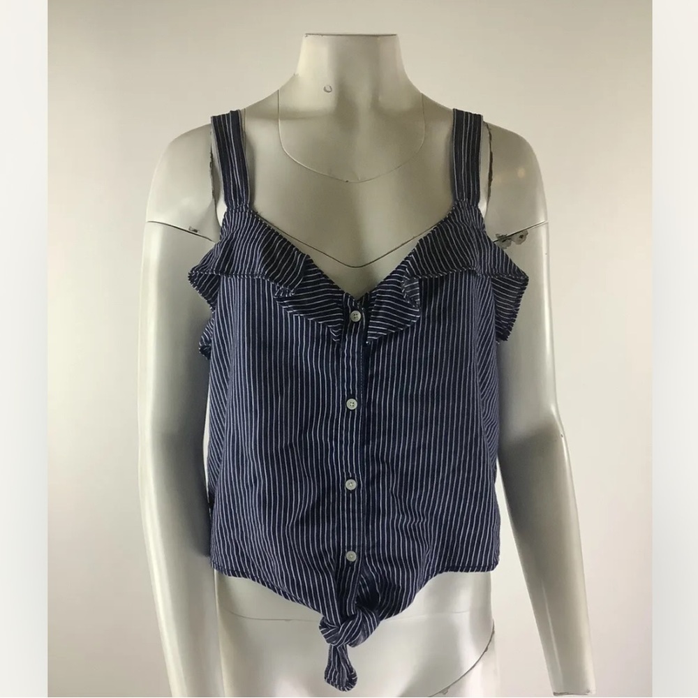 NWT J Crew Sz L Crop Tie Front Pinstripe Tank Top Blue White Cotton Lyocell